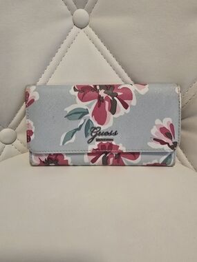 GUESS Floral Trifold Wallet in Light Blue and Pink